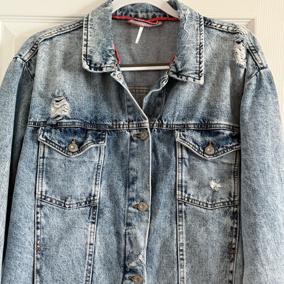 Free People Denim Jean Jacket with Distressed Look Oversized Size Small - Picture 6 of 11